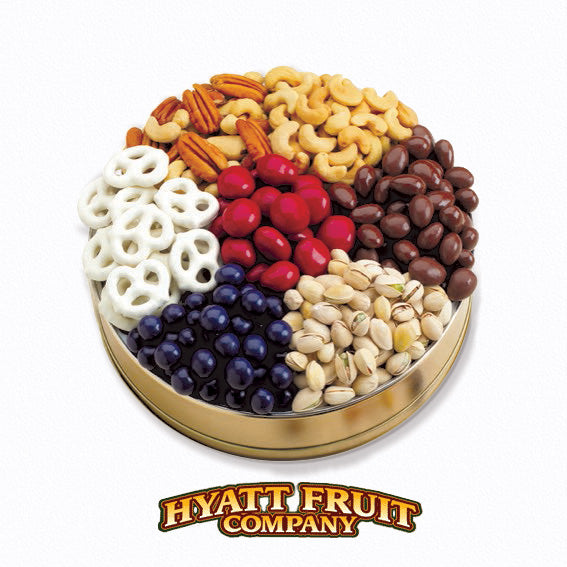 Nut Tin Gift: Bing Cherries, Blueberries, and mouth-watering White Chocolate Pretzels,  They'll also get jumbo Whole Cashews, Chocolate Almonds, Chocolate-covered Pecans, and premium Praline Pecans.