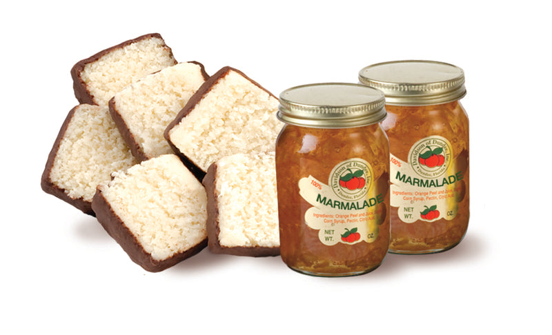 Coconut and Chocolate patties plus 2 jars of marmalade pictured on a white background