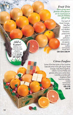 Citrus Fanfare fruit basket boxes featuring juicy Navel Oranges, Ruby Red Grapefruit, and sweet candies on Hyatt Fruit Company catalog page.