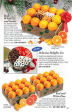 Catalog page advertising gift basket with oranges, nuts, and other treats on a festive background.