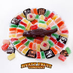 Assorted gummy candies arranged in a circular pattern from Hyatt Fruit Company.