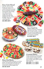 Assorted candy gifts including a gator round, sweet tooth tin, coconut patties, and fancy oval basket pictured on Hyatt Fruit Company's catalog page 29.