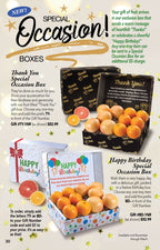 Special Occasion gift boxes with Happy Birthday or Thank You messages printed and teaming with grove-fresh Oranges and Grapefruit.