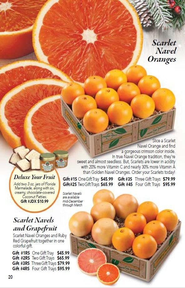Scarlet Navel Oranges and Ruby Red Grapefruit printed gift box pictured on a catalog page from Hyatt Fruit Company.