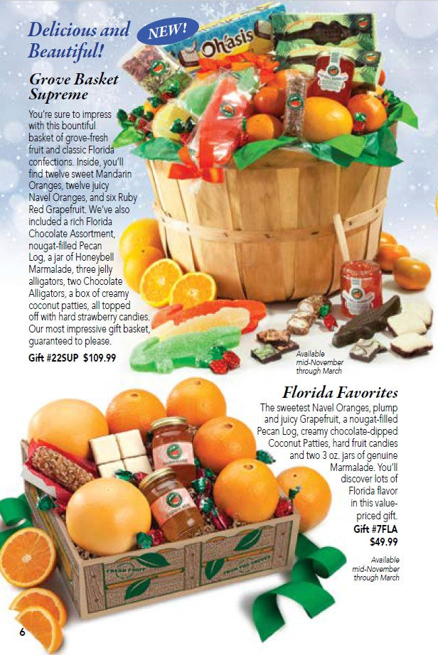 A fruit basket with oranges, nuts, and other treats on a gift catalog page from Hyatt Fruit Company.
