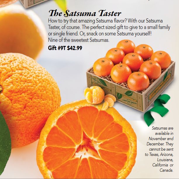 The Satsuma Mandarin Taster Gift Box showing 9 oranges in a box crafted to look like a grove crate.