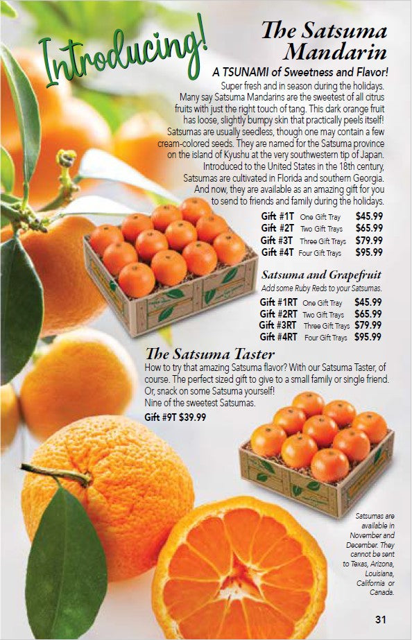 A promotional image featuring The Satsuma Mandarin citrus fruit in a box with pricing details and vibrant colors.