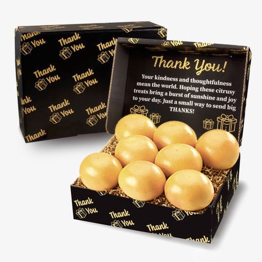 Florida White Grapefruit delivered in a black and gold box printed with heartfelt thank you message.