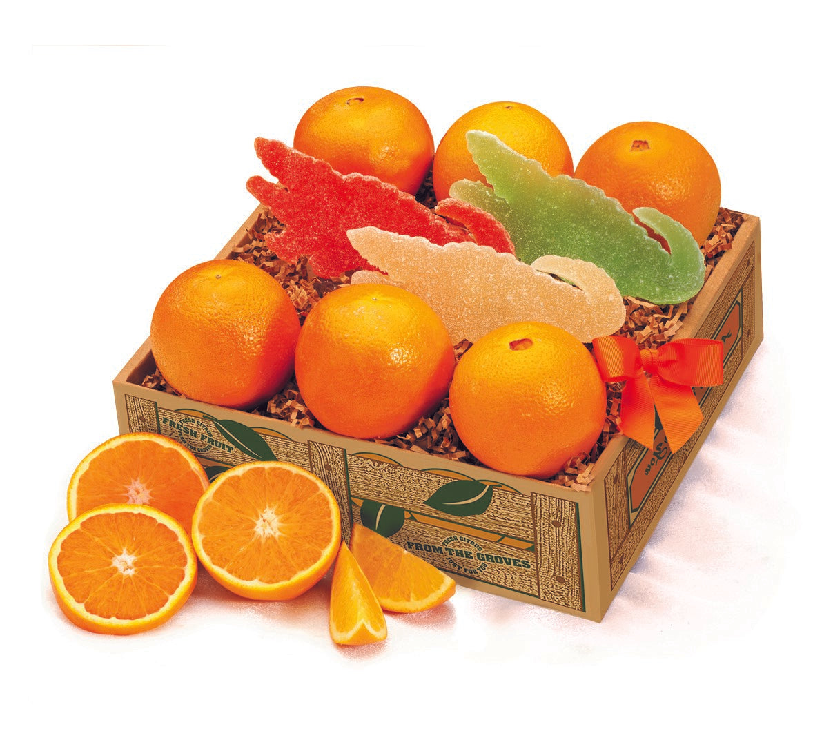 Gift fruit box with citrus-flavored jelly candies shaped as alligators.
