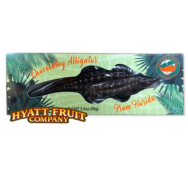 A 3 ounce chocolate alligator packaged in a tropical-themed box.