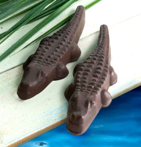 Two adorable, 3.5 oz. solid chocolate fudge alligators can be added to any fruit gift at Hyatt Fruit Company of Florida.
