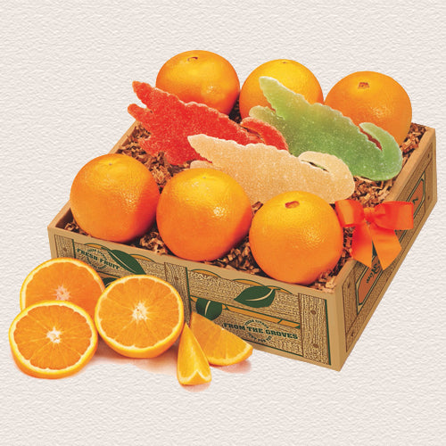 Gift fruit box with citrus-flavored jelly candies shaped as alligators, sold by Hyatt Fruit Company of Indian River County, Florida